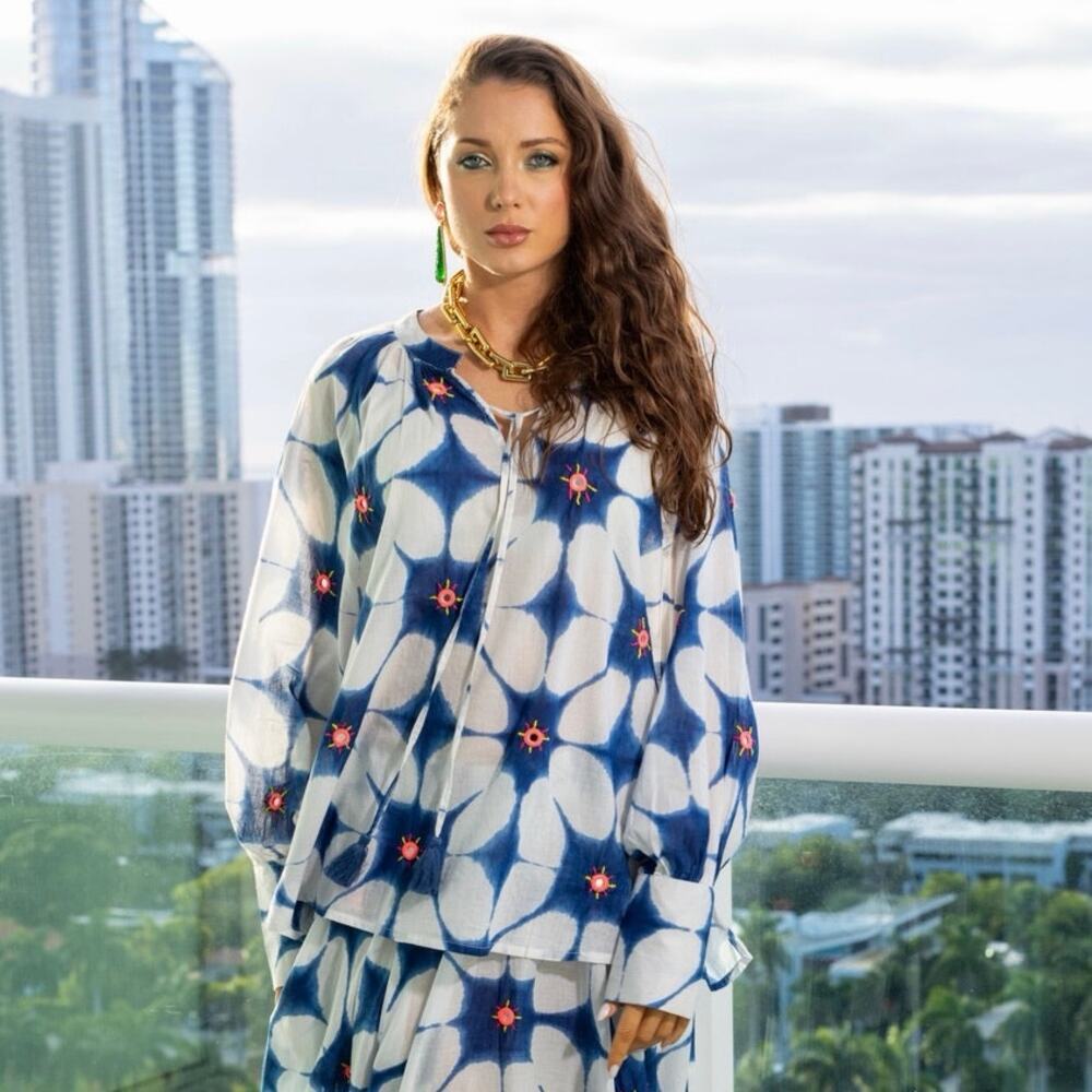 Gold & Silver Oversized Blue and White Top